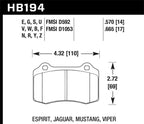 Hawk 04-11 Chry 300C/06-14 Jeep Grand Cherokee SRT-8 /10-14 Chevy Camaro SS Race DTC-30 Brake Pads dimensions.