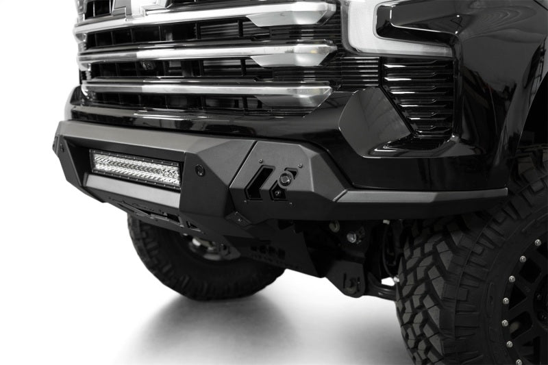 Addictive Desert Designs2022+ Chevrolet Silverado 1500 Black Label Front Bumper with LED light bar and off road parts.