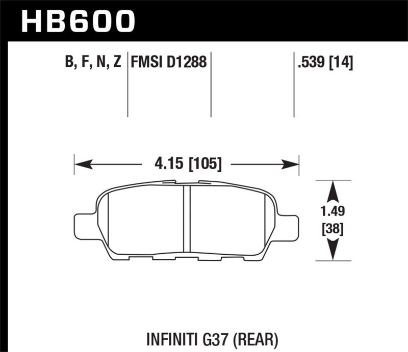 Hawk Infiniti G35 Sport/G37 brake pad dimensions diagram