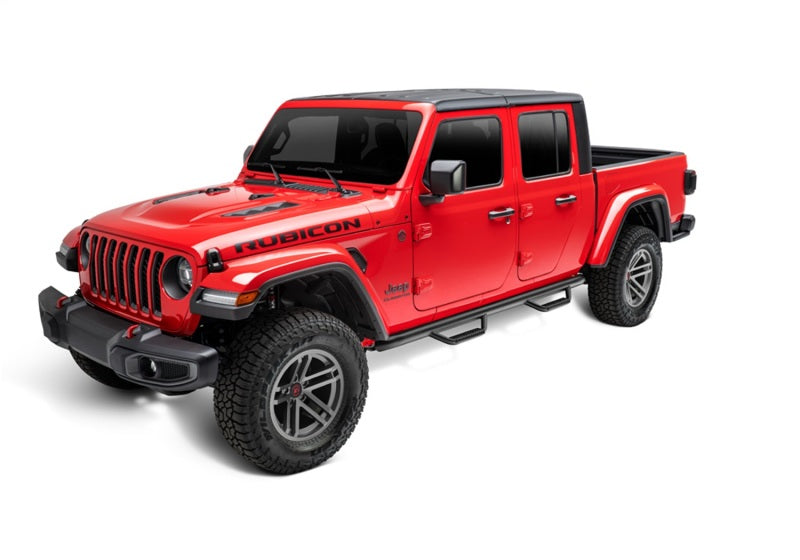 N-Fab Nerf Step 2019 Jeep Wrangler JT 4DR Truck Full Length - Tex. Black - 3in. with offroad wheels and tires.