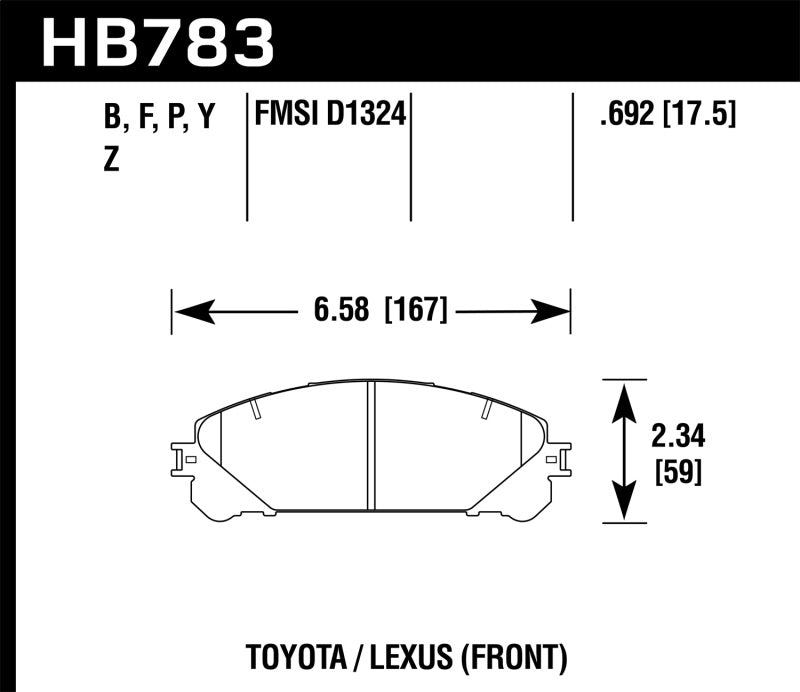 Hawk 08-16 Toyota Highlander Performance Ceramic Street Front Brake Pads dimensions for Toyota/Lexus