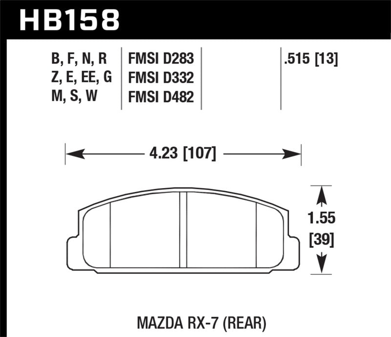 Hawk 2003-2005 Mazda 6 HPS 5.0 Rear Brake Pads dimensions