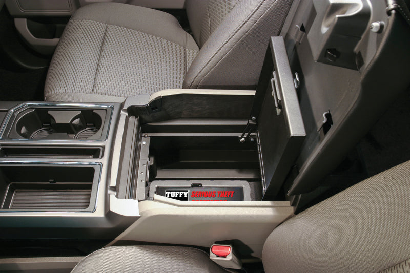 Tuffy Console Safe W/ Combo Lock For Ford Fseries Flow Thru Console installed in truck interior.