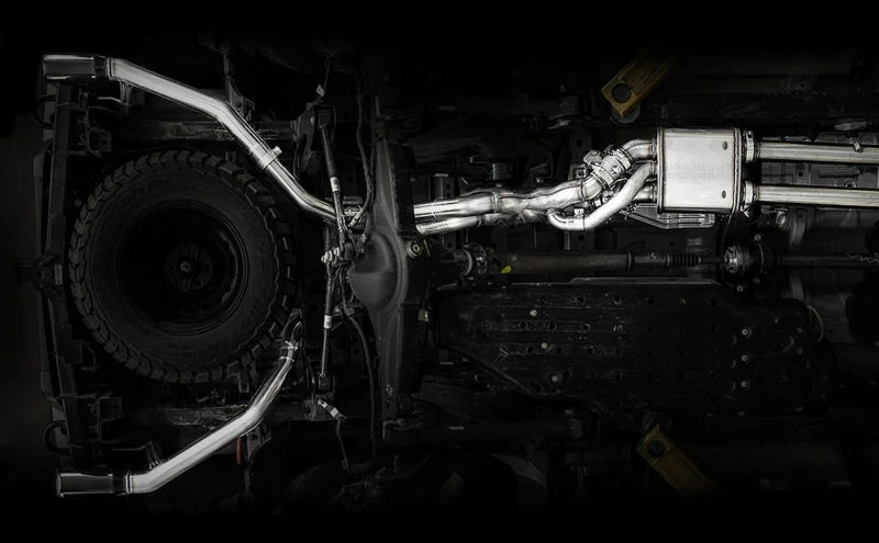 Magnaflow 2024 Ford Ranger Raptor Cat-Back Exhaust System view undercarriage with performance offroad parts.