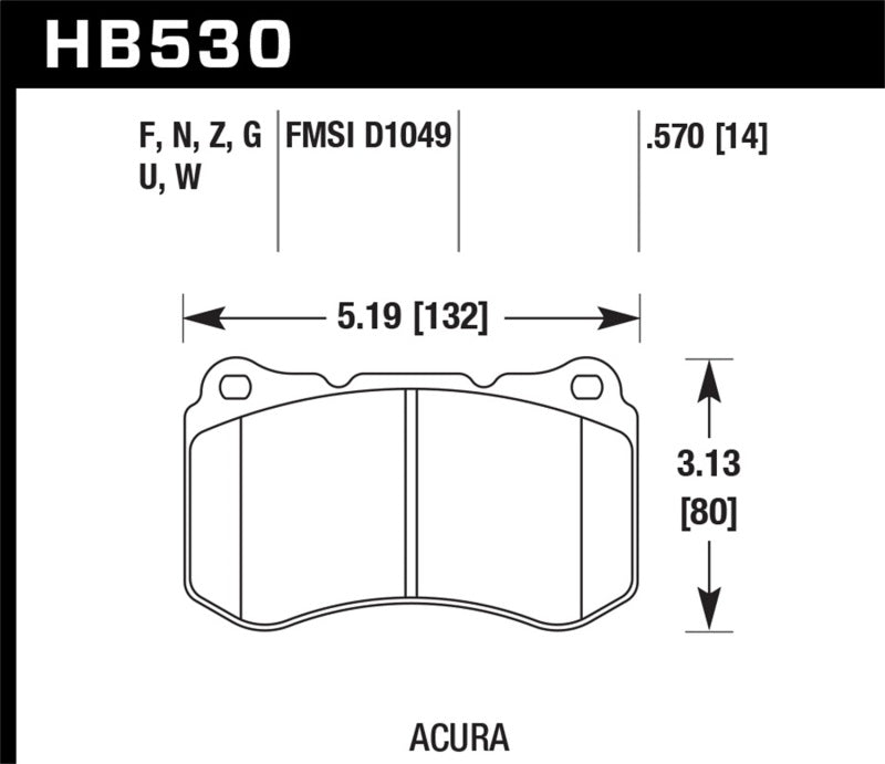 Hawk HP+ Street Brake Pads dimensions for Acura vehicles