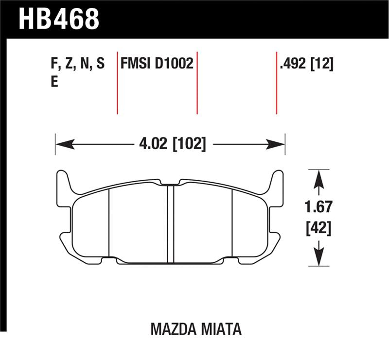 Hawk 03-05 Miata w/ Sport Suspension Blue 9012 Race Rear Brake Pads D1002 dimensions and specifications diagram