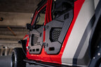 DV8 Offroad 18-22 Jeep Wrangler JL/JT Spec Series Half Doors - Rear Set on red Jeep with mesh panels for offroad performance.