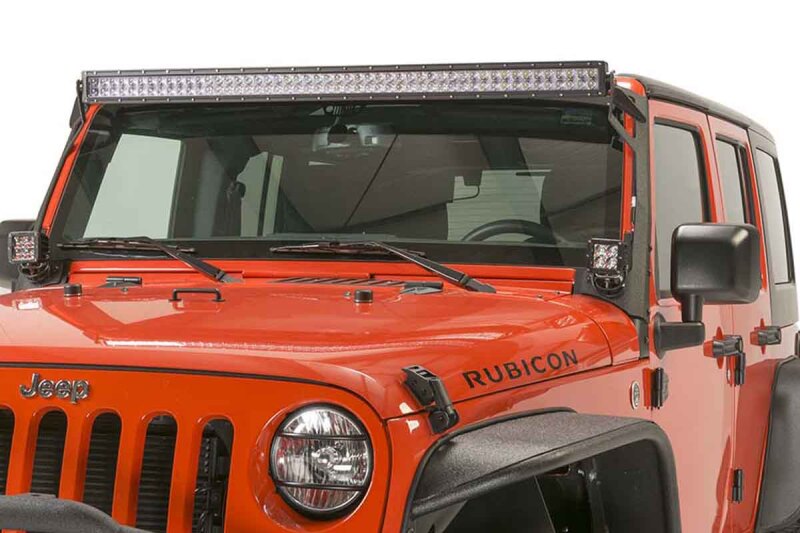 Fishbone Offroad 07-18 Jeep Wrangler JK 52In Light Bar Bracket mounted on Jeep Rubicon for offroad lighting.