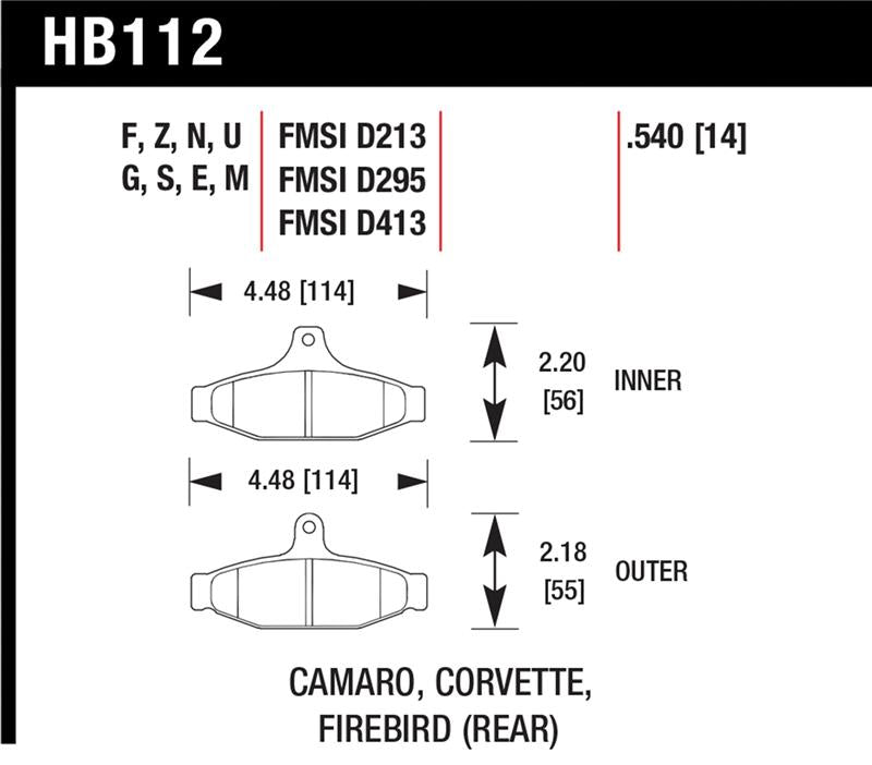 Hawk 84-96 Corvette /88.5-97 Pontiac Firebird HPS Street Rear Brake Pad specifications diagram.