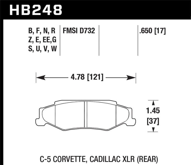 Hawk 97-06 Corvette (incl C5 Z06) HPS Street Rear Brake Pads dimensions and specifications.