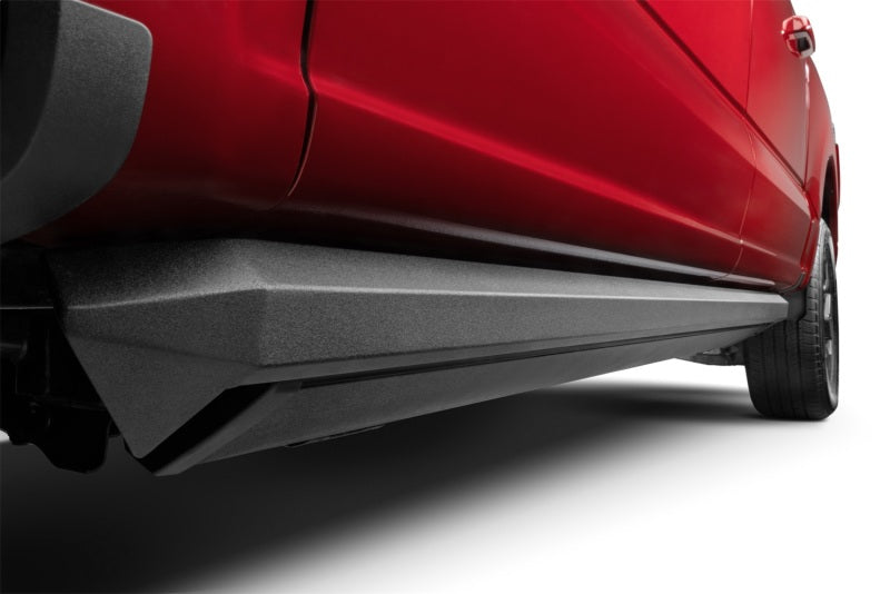 AMP Research 2010-2012 Dodge Ram 1500/2500/3500 Mega Cab PowerStep XL - Black installed on red truck
