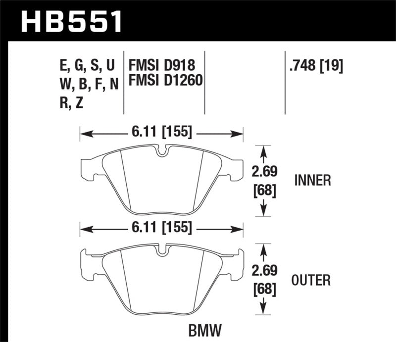 HB551 Brake Pad Dimensions for Hawk 07-09 BMW 335d/335i/335xi / 08-09 328i/M3 Performance Ceramic Street Front Brake Pads