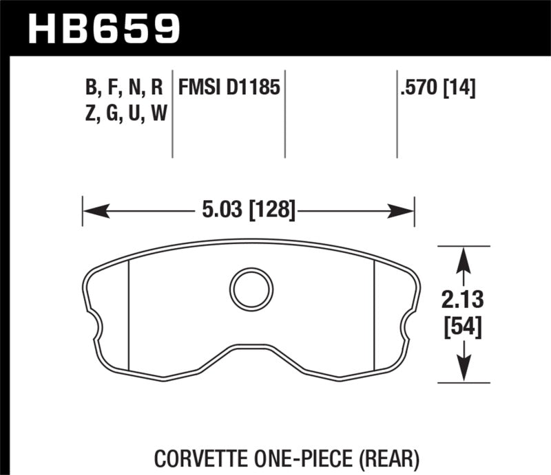 Hawk 06-10 Chevy Corvette (Improved Pad Design) Rear HP+ Street Brake Pads diagram with dimensions.