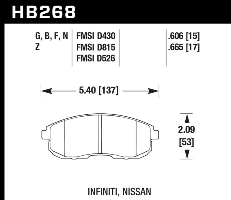 Hawk 03-04 G35/03-05 G35X/ 02-05 350z w/o Brembo HP+ Street Front Brake Pads specifications sheet