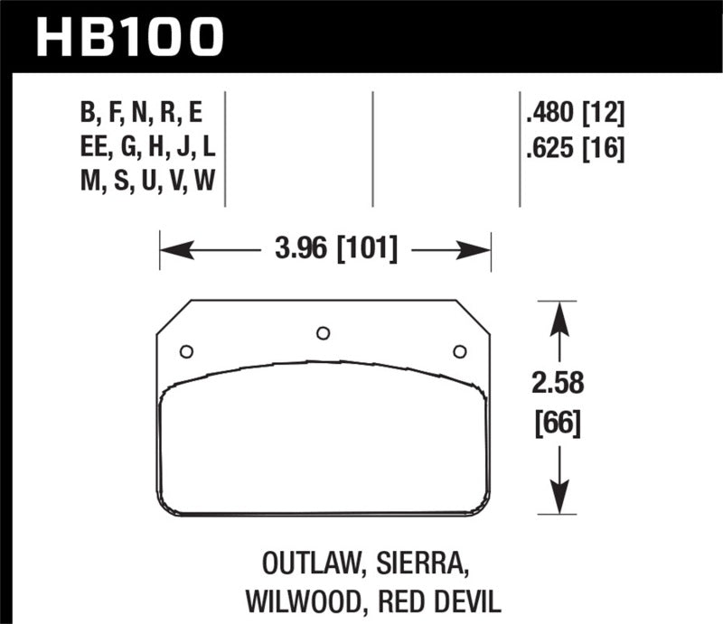 Hawk Wilwood DL/Outlaw/Sierra 12mm HPS 5.0 Street Brake Pads specifications diagram