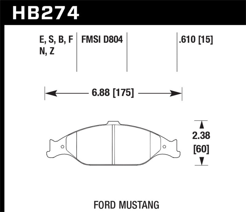 Hawk HP+ Street Brake Pads dimensions for Ford Mustang