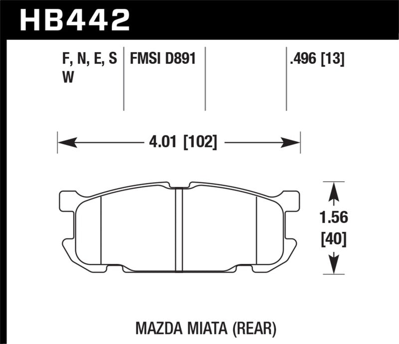 Hawk 01-02 Miata w/ Sport Suspension HPS  Street Rear Brake Pads (D891) specifications diagram