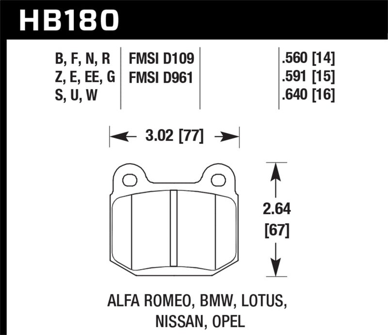 Hawk 03-06 Evo / 04-09 STi / 03-07 350z Track HP+ Street Rear Brake Pads specifications and dimensions