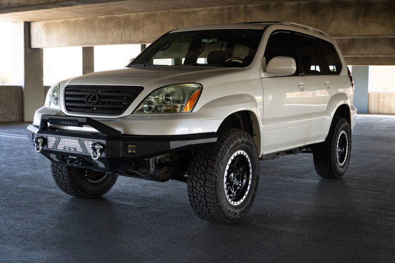 DV8 Offroad 03-09 Lexus GX 470 MTO Series Winch Front Bumper with offroad tires.
