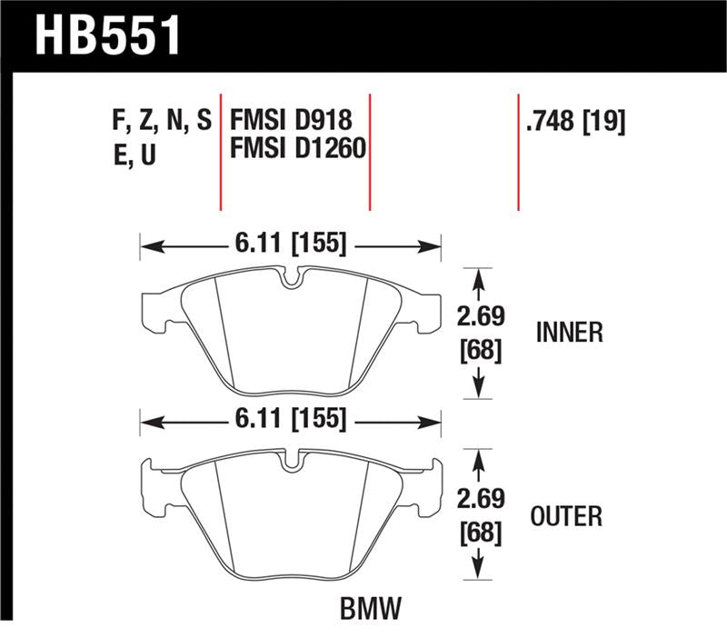 Hawk 2011 BMW 1-Series M HPS 5.0 Front Brake Pads measurements