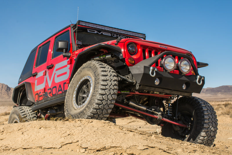 DV8 Offroad 07-18 Jeep Wrangler JK Front & Rear Flat Tube Fenders on a red Jeep in the desert