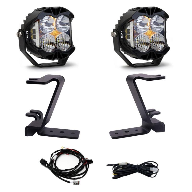 Baja Designs 23-24 Ford F250/F350 Super Duty LP4 A-Pillar Light Kit components including lights, mounts, and wiring. Main image