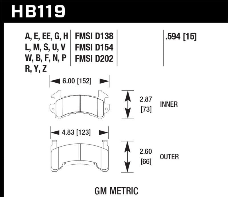 HB119 brake pad dimensions for Hawk 1978-1979 Buick Century Custom HPS 5.0