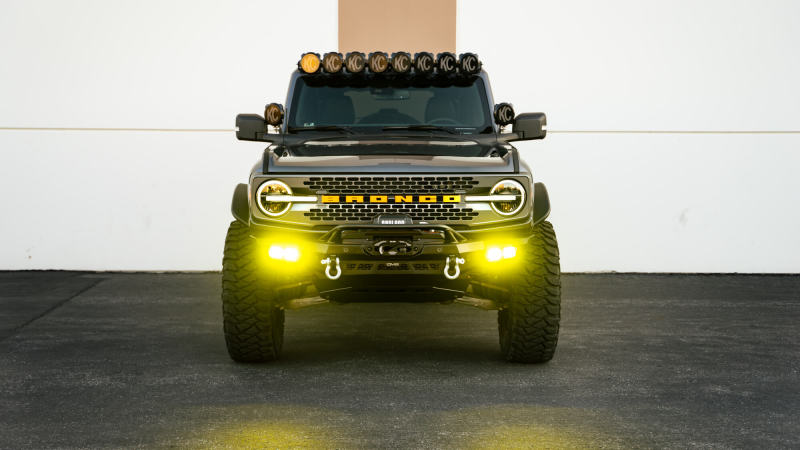 DV8 Offroad 21-23 Ford Bronco Spec Series Front Bumper with offroad lighting and electrical.