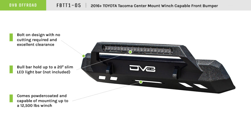 DV8 Offroad 2016+ Toyota Tacoma Center Bumper features LED light bar and winch capability for off road use.