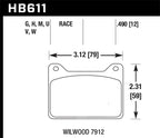 Hawk Willwood 7912 DTC-60 Race Brake Pads dimensions diagram