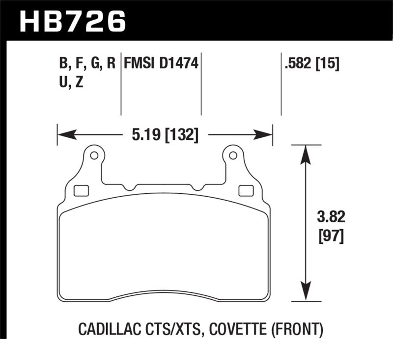 HB726 Cadillac CTS/XTS Corvette front brake pad dimensions