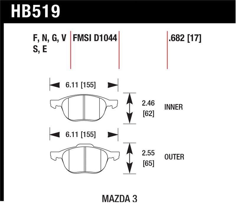 Hawk HP+ 08-09 Mazda 3 / Ford/ Volvo HP+ Street Front Brake Pads dimensions schematic