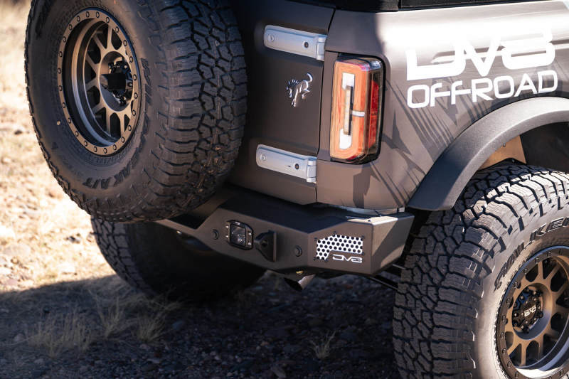 DV8 Offroad 21-22 Ford Bronco MTO Series Rear Bumper on offroad truck.