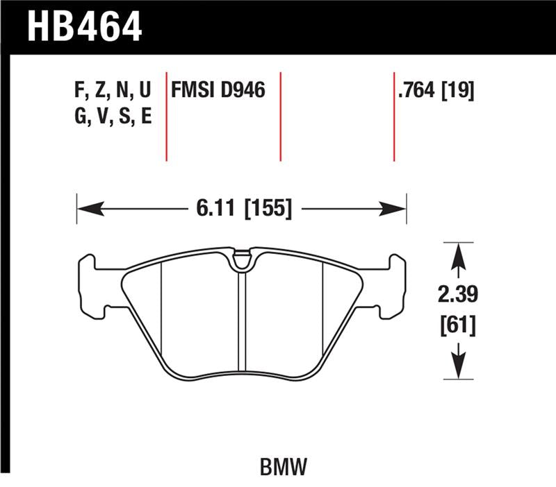 Hawk 01-06 BMW 330Ci / 01-05 330i/330Xi / 01-06 M3 DTC-60 Race Front Brake Pads specifications diagram