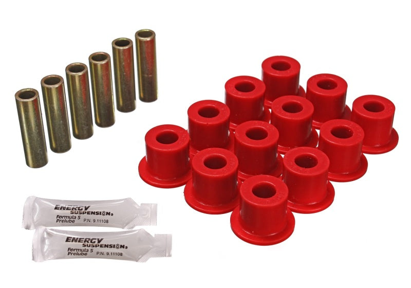 Energy Suspension 72-81 Scout II Red Front & Rear Leaf Spring Bushing Set with components for offroad performance upgrades.