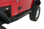 Fishbone Offroad 97-06 Jeep Wrangler TJ Steel Rock Slider - Black Textured Powdercoat on red Jeep
