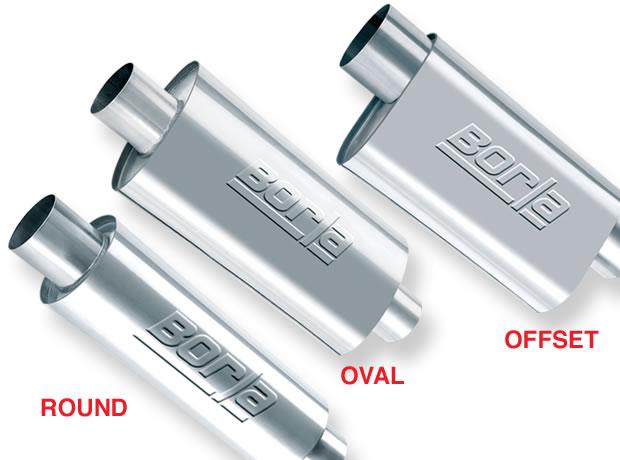 Borla XR-1 Racing Sportsman 3.5in. Outlet / 3.5in Inlet Oval Muffler types: offset, oval, and round exhaust designs.