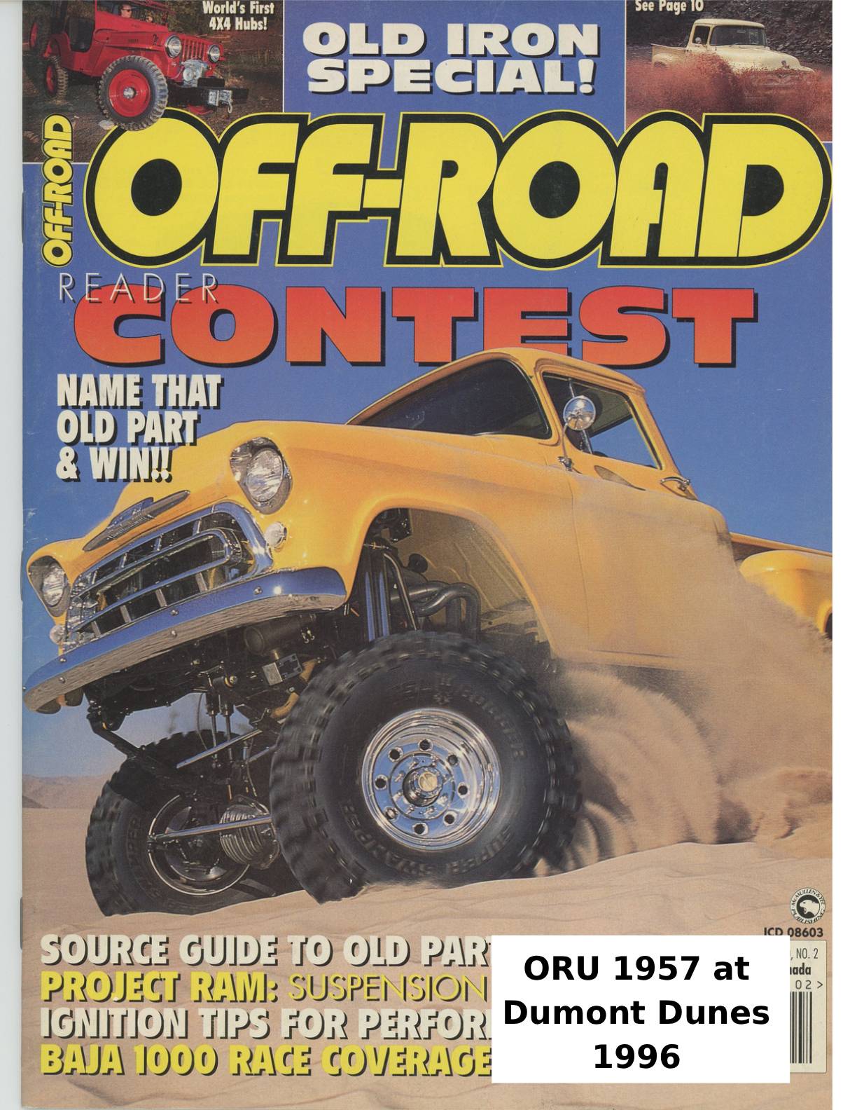 Off-road magazine cover featuring ORU 1957 truck at Dumont Dunes, showcasing offroad performance and accessories.